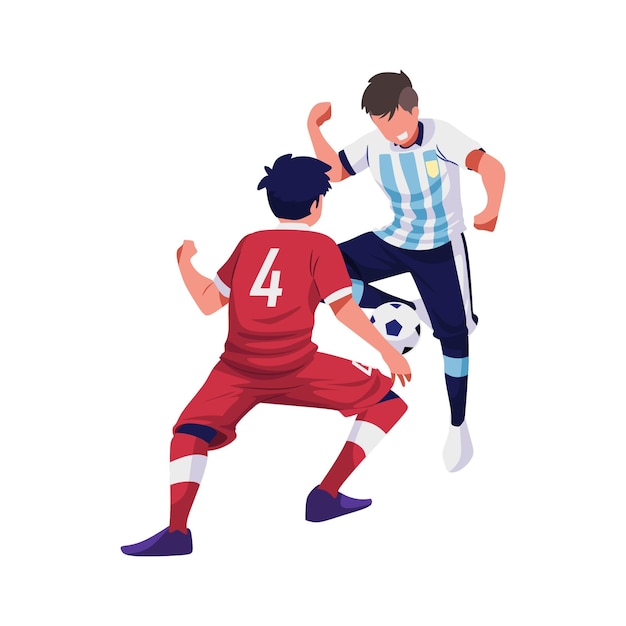 Vector dos futbolistas con camisetas rojas peleando por el balón