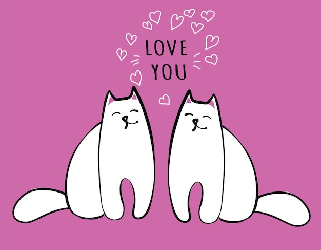 Dos gatos enamorados lindo animal pareja con corazones tarjeta de felicitación plantilla dibujos animados vector plano