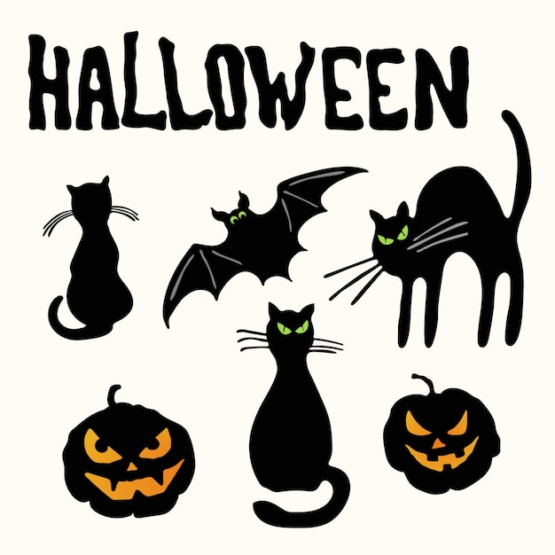 Dos gatos de silueta negra, linternas de calabaza de cara tallada, murciélago y título de halloween aislado