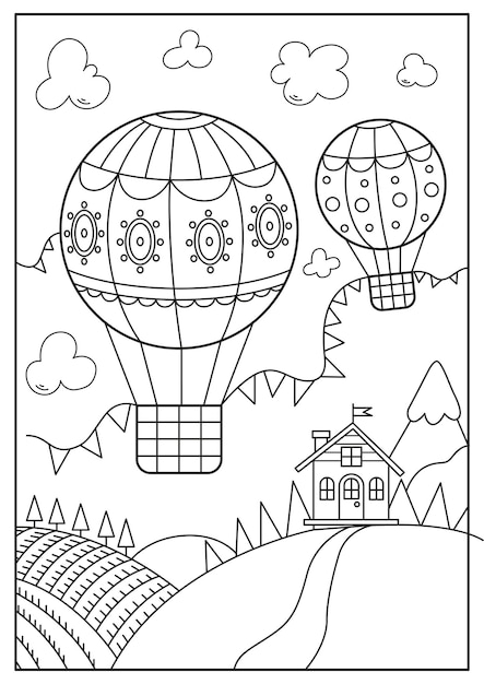 Dos globos vuelan sobre las montañas, los campos, los árboles y una casa Ilustración vectorial para libro de colorear