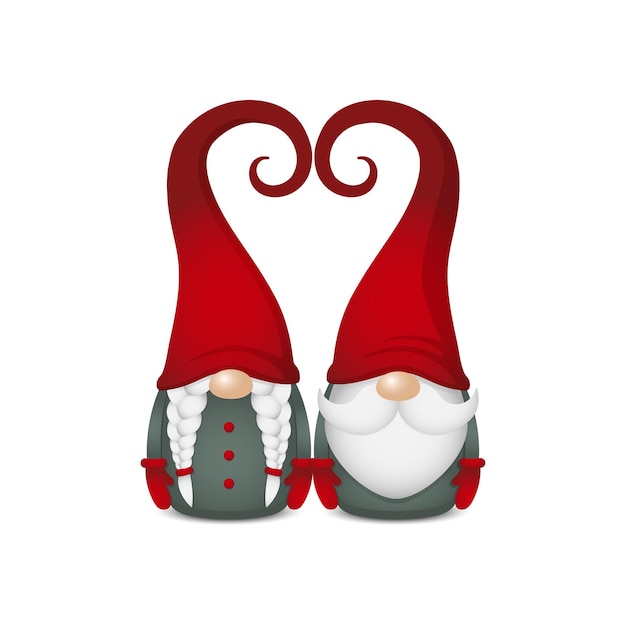 Vector dos gnomos escandinavos en ropa verde y guantes rojos y sombreros en forma de corazón de pie uno al lado del otro, linda pareja nórdica, personaje de ilustración aislado clipart para diseño