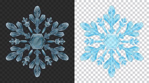 Dos grandes copos de nieve de Navidad transparentes complejos en colores azul claro para usar en la oscuridad y la luz