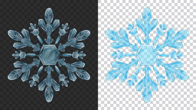 Vector dos grandes copos de nieve de navidad transparentes complejos en colores azul claro para usar en la oscuridad y la luz