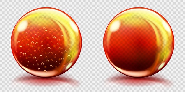 Dos grandes esferas de vidrio naranja con burbujas de aire y sin ellas, y con reflejos y sombras. Transparencia solo en archivo vectorial