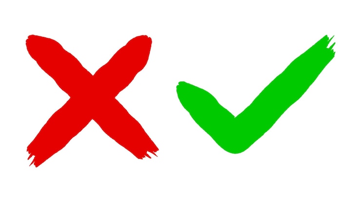 Vector dos grunge sucio dibujado a mano con trazos de pincel cruzan x y marcan el conjunto de marca de verificación ok