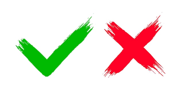 Dos grunge sucios dibujados a mano con pinceladas cruzando x y marcando OK marcas de comprobación ilustración vectorial