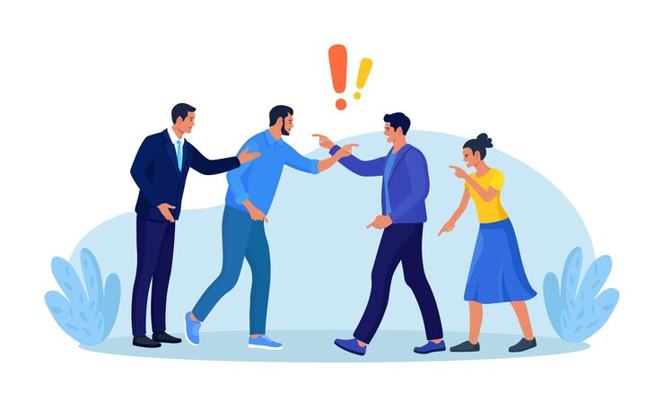 Vector dos grupos de personas discutiendo y luchando conflicto de negocios desacuerdo de trabajo en equipo rivalidad feroz competencia no saludable colegas debatiendo personas enojadas discutiendo o malentendiendo