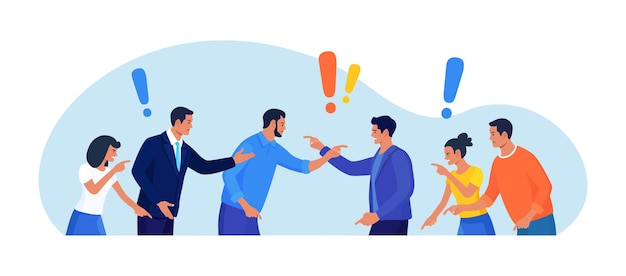 Dos grupos de personas discutiendo y luchando conflicto de negocios desacuerdo de trabajo en equipo rivalidad feroz competencia no saludable colegas debatiendo personas enojadas discutiendo o malentendiendo