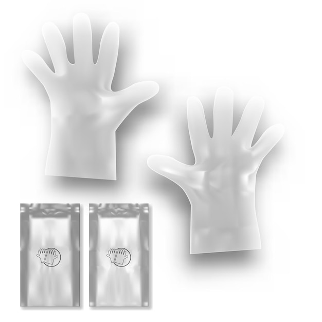 Vector dos guantes de plástico desechables blancos con embalaje