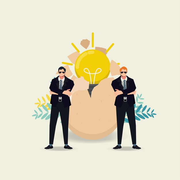 Dos guardias con huevo roto y bombilla de luz brillante en el interior Proteger la nueva idea brillante Ilustración de vector de concepto de derechos de copia
