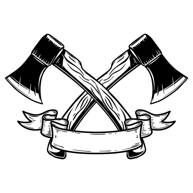 Dos hachas cruzadas con cinta. Elemento de diseño de logotipo, etiqueta, letrero, cartel, tarjeta, banner. Ilustración vectorial