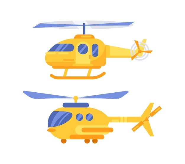 Dos helicópteros amarillos volando con palas giratorias