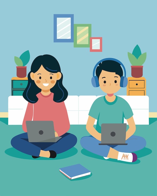 Dos hermanos sentados en el suelo de su dormitorio con las computadoras portátiles abiertas y los auriculares puestos mientras estudian juntos