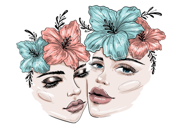 Dos hermosas caras con flores y maquillaje