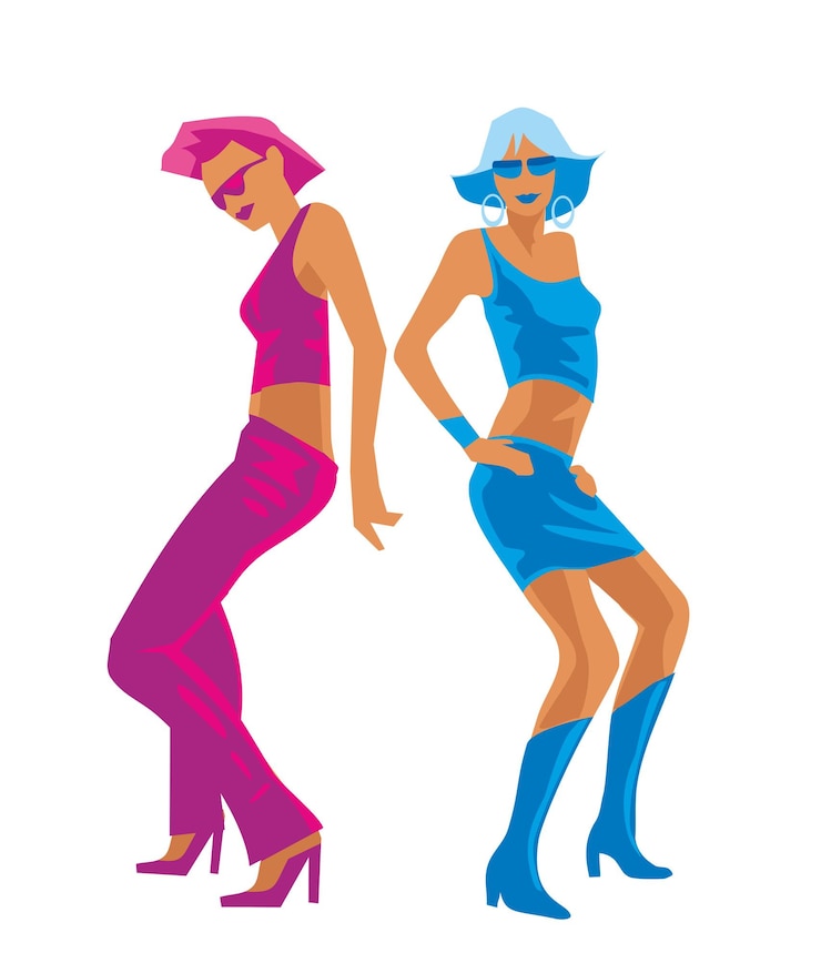 Vector dos hermosas mujeres bailando en la discoteca con mini vestidos sexy de moda. ilustración plana de vector sobre fondo blanco.