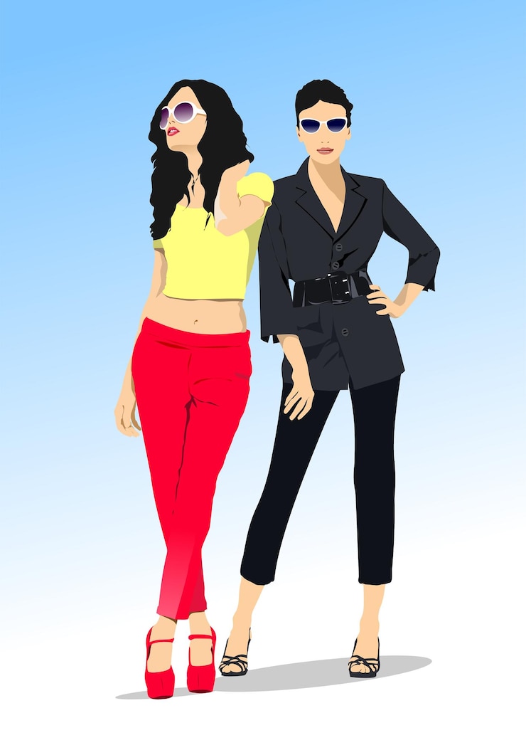 Vector dos hermosas mujeres glamour sensuales jóvenes de pie juntas sobre fondo de cielo azul ilustración de vector de color 3d