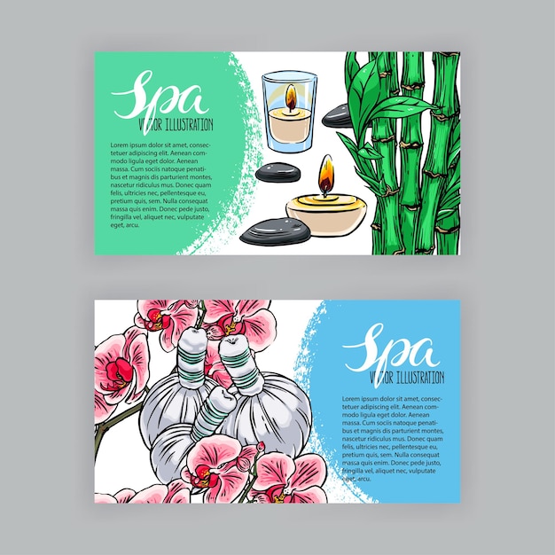 Dos hermosas pancartas de accesorios de spa. ilustración dibujada a mano