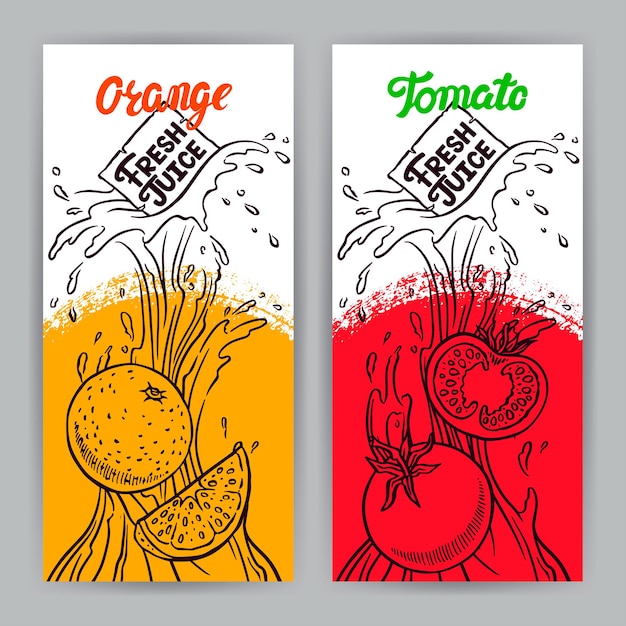 Dos hermosas pancartas verticales. Jugo fresco. boceto de tomate y naranja. ilustración dibujada a mano