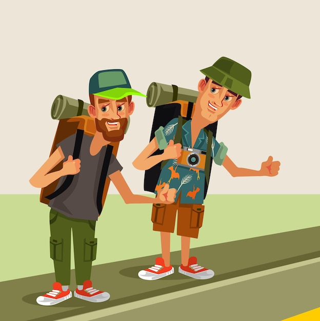 Dos hipster hombre enganche excursionistas personajes con mochila tratando de detener el coche carretera carretera viaje enganche excursionismo concepto de vacaciones de dibujos animados plana diseño gráfico aislado ilustración