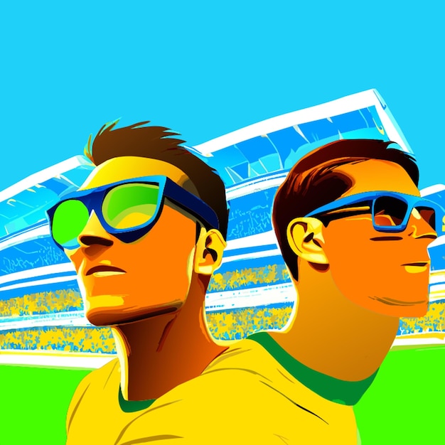 Vector dos hombres ambos con gafas en el estadio con la ilustración vectorial de la pelota de fútbol