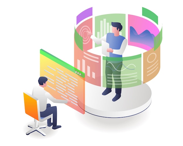 Dos hombres analizan la ilustración vectorial de datos del programa de aplicación