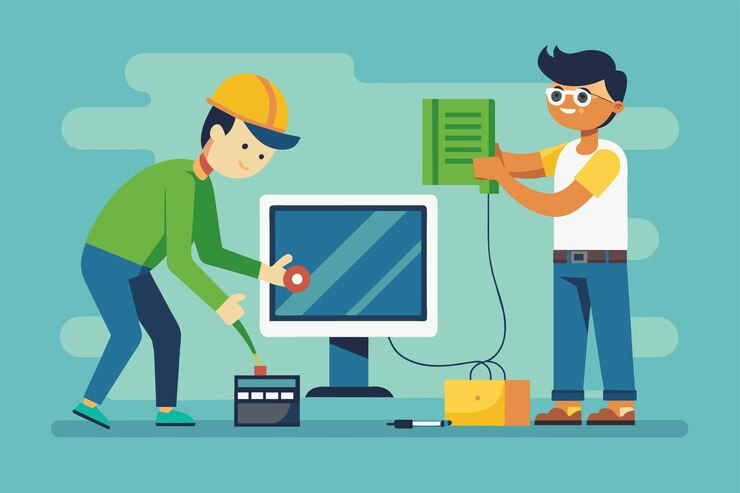Vector dos hombres se centran en reparar una pantalla de computadora juntos el cliente repara la pantalla de la computadora a un reparador ilustración vectorial plana simple y minimalista