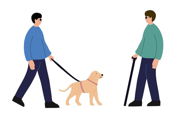 Dos hombres ciegos y un perro guía de asistencia caminando afuera