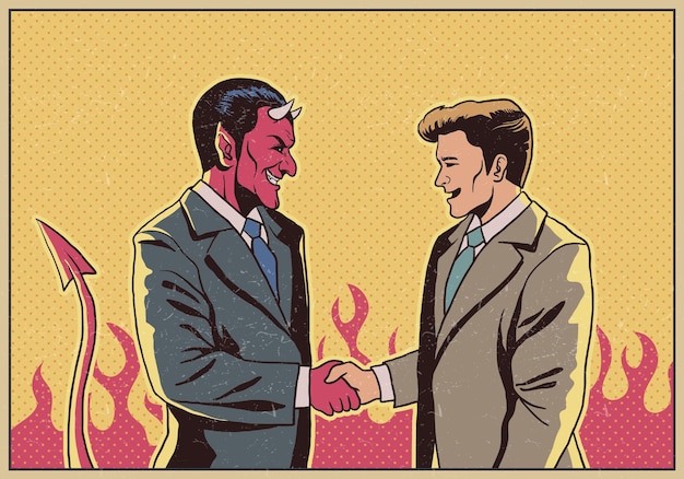 Dos hombres dándose la mano, uno de los cuales es un diablo.