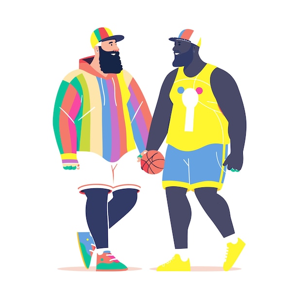 Dos hombres diversos jugadores de baloncesto hablando ropa deportiva colorida sosteniendo la pelota amistad moderna