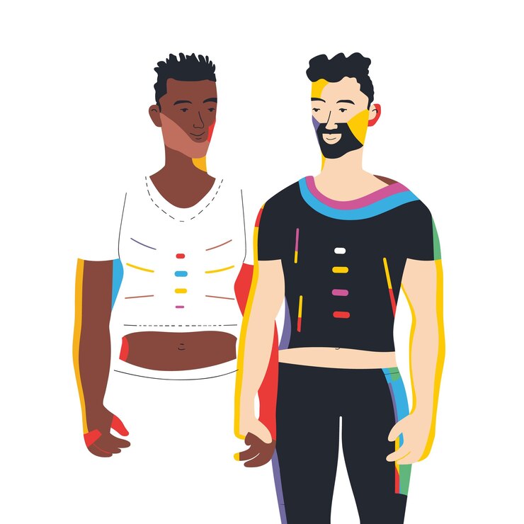 Vector dos hombres diversos de pie juntos un africano caucásico ambos sonriendo seguros casual moderno