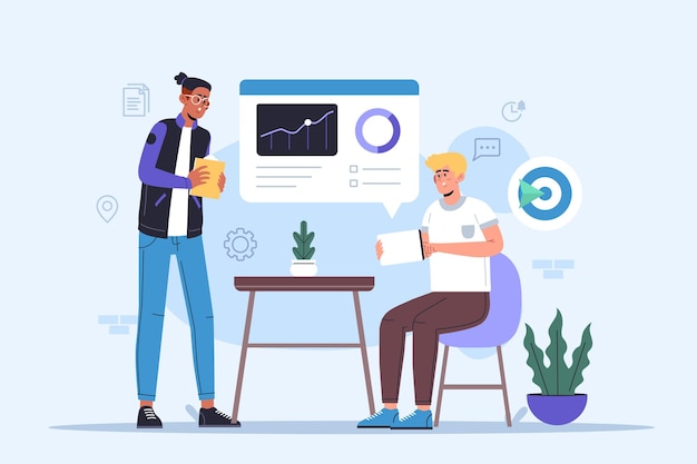 Dos hombres en un equipo de seguimiento del progreso de la tarea en la ilustración de vector plano de tableta para la gestión