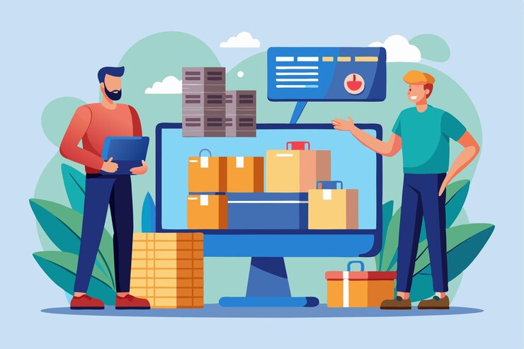 Vector dos hombres están involucrados en una conversación sobre logística mientras están rodeados de cajas de envío y una pantalla de computadora hombres con contenedores y cajas frente al monitor de la computadora
