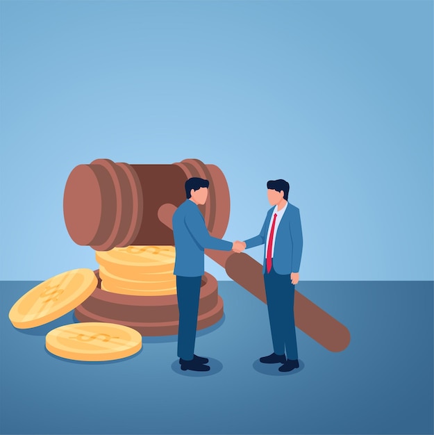 Dos hombres estrechando la mano frente al martillo legal y la pila de monedas Ilustración para el soborno legal