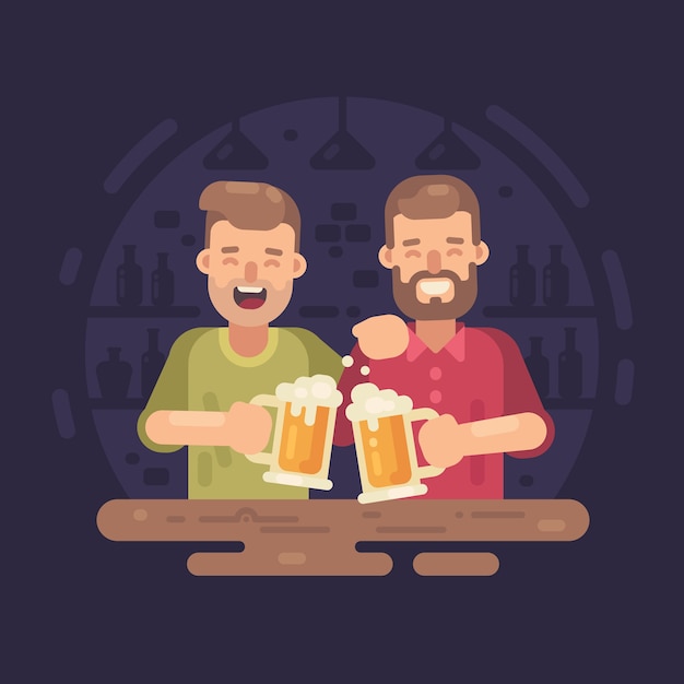 Dos hombres felices bebiendo cerveza en un bar plano ilustración