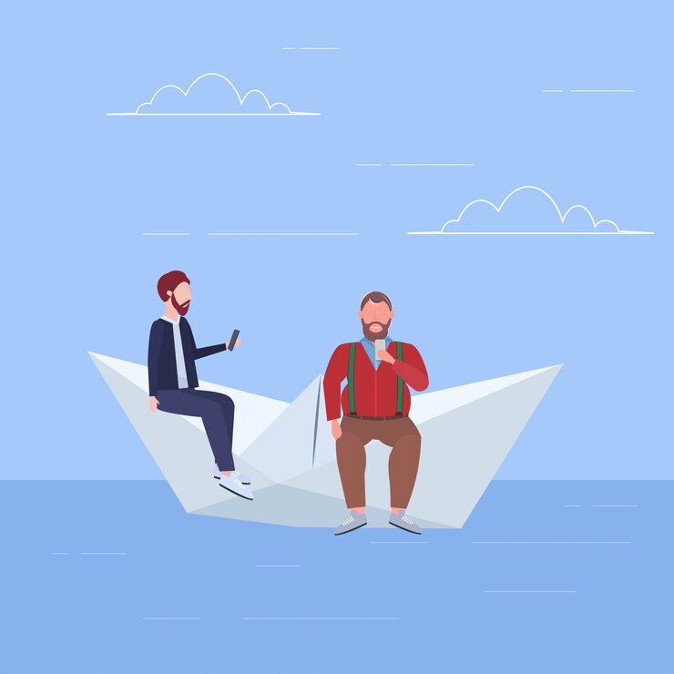Vector dos hombres flotando en un bote de papel chicos usando aparatos que viajan juntos adicción digital concepto de navegación web de cuerpo entero plana
