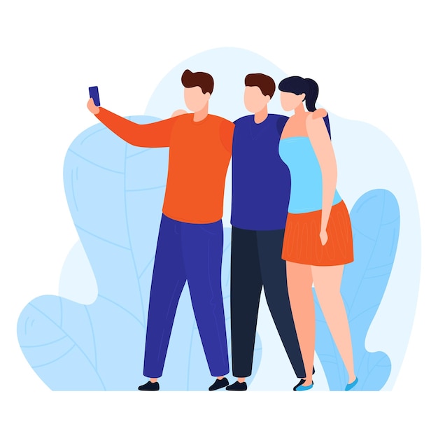 Dos hombres jóvenes y una mujer tomando una selfie juntos amigos de ropa casual posan para una foto alegre