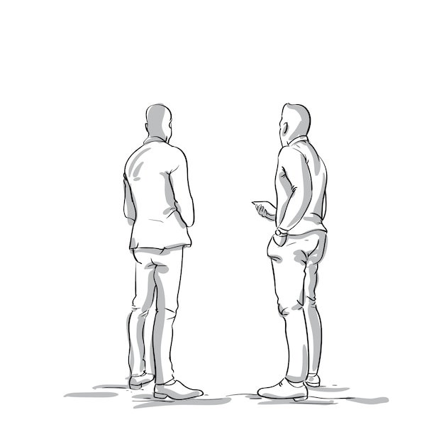 Dos hombres de negocios del bosquejo que hablan detrás vista posterior de los hombres de negocios que discuten plan