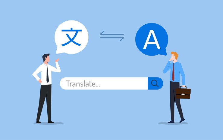Vector dos hombres de negocios se comunican con una aplicación de traducción automática o tecnología de internet traduce idiomas para conectar diversos idiomas del mundo