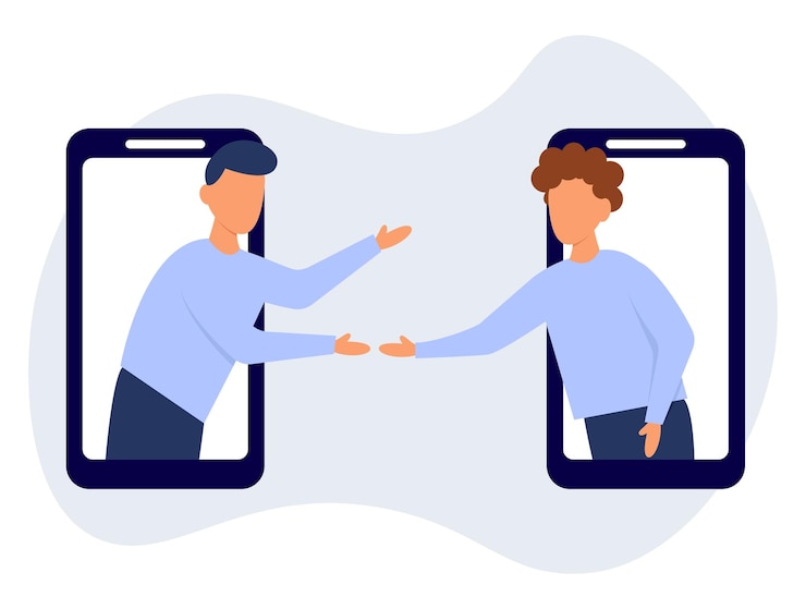 Vector dos hombres de negocios se dan la mano después de un trato exitoso en los teléfonos buen tiempo de negociación estrategia de la empresa para los negocios