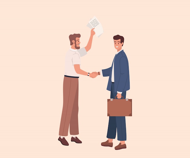 Vector dos hombres de negocios dándose la mano. diseño gráfico de dibujos animados planos de ilustración vectorial. los empresarios celebran un contrato o acuerdo