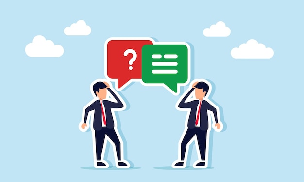 Dos hombres de negocios hablando entre sí con un icono de diálogo de chat que muestra un signo de interrogación y un ícono de texto ilustración de confusión sobre las tendencias actuales del mercado