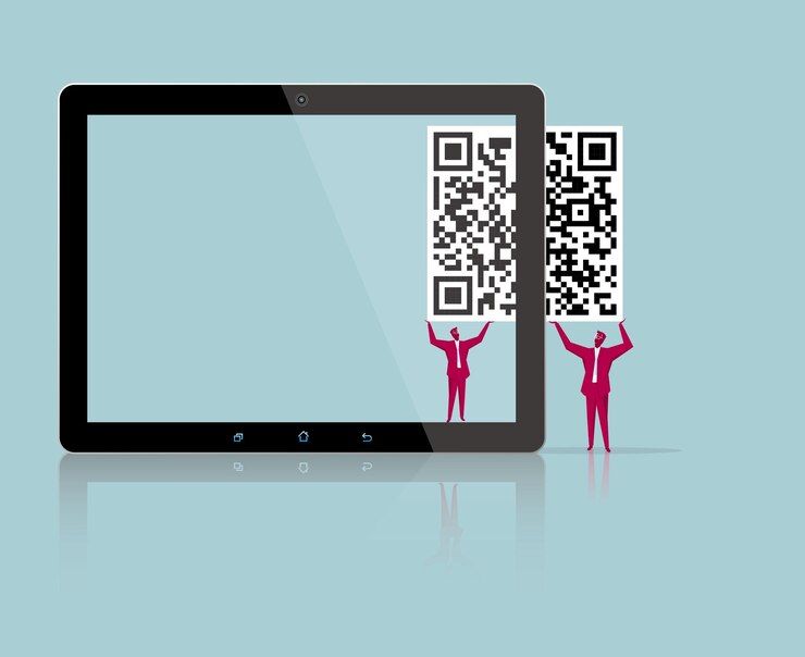 Vector dos hombres de negocios llevan el símbolo del código qr. cargue su tableta. aislado sobre fondo azul.