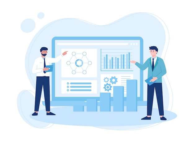 dos hombres de negocios que muestran el gráfico de las acciones del mercado de comercio financiero diagrama concepto ilustración plana