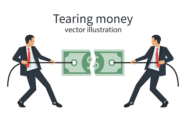 Dos hombres de negocios rompen un billete de un dólar con una cuerda Rompiendo dinero Concepto de empresarios de conflicto Rasgado por la mitad del billete Diseño plano de ilustración vectorial Aislado sobre fondo blanco Crisis financieraxA