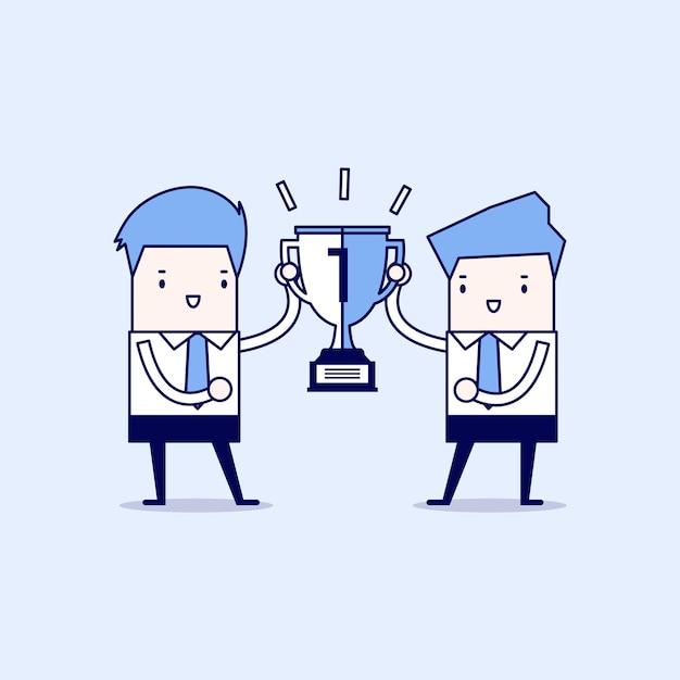 Dos hombres de negocios sosteniendo la copa del ganador de oro juntos Vector de estilo de línea delgada de personaje de dibujos animados