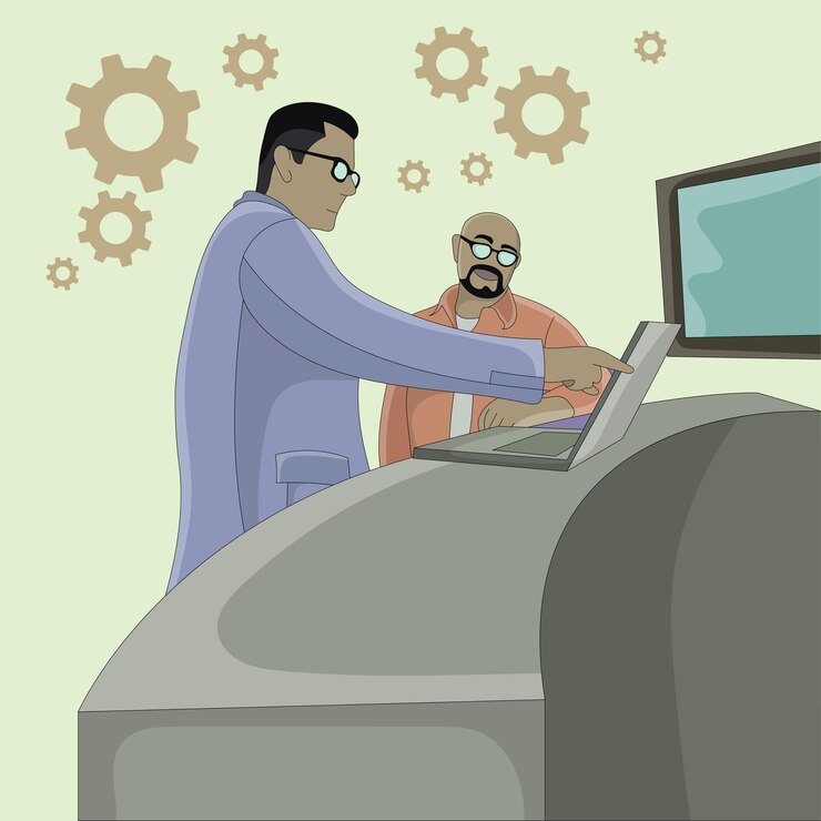 Vector dos hombres de negocios trabajando en un diseño plano de computadora portátil