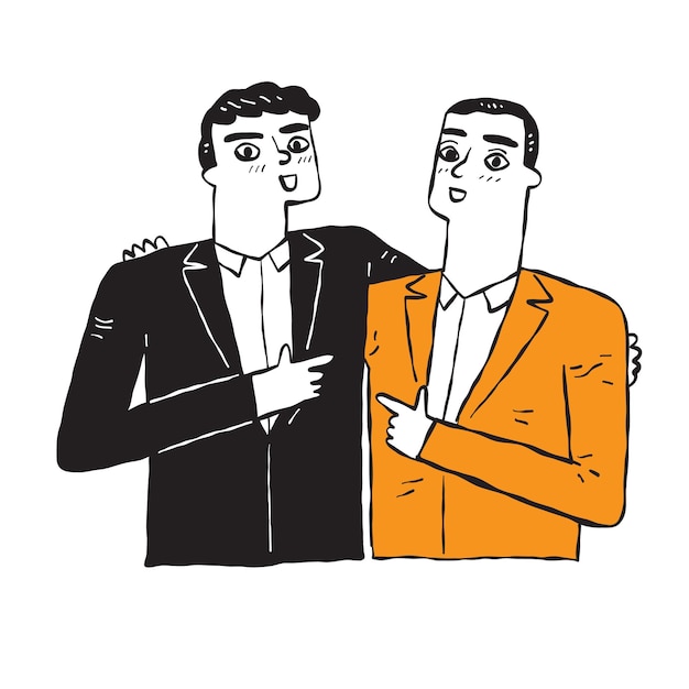 Vector dos hombres de negocios en trajes abrazándose, ilustración de vector de sorteo de mano.