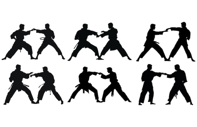 Dos hombres practicando karate silueta Dos hombres de karate luchadores en un partido