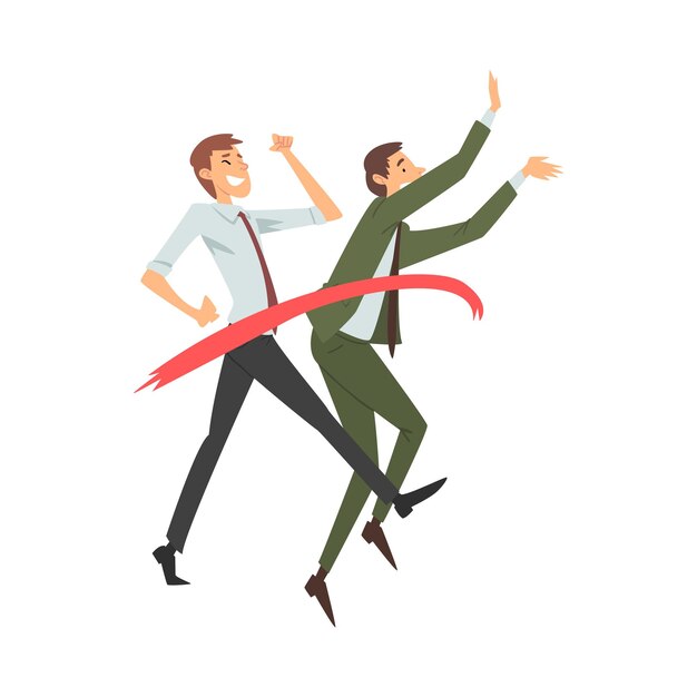 Dos hombres con ropa de oficina corren alegremente a través de la ilustración vectorial de dibujos animados de la cinta roja
