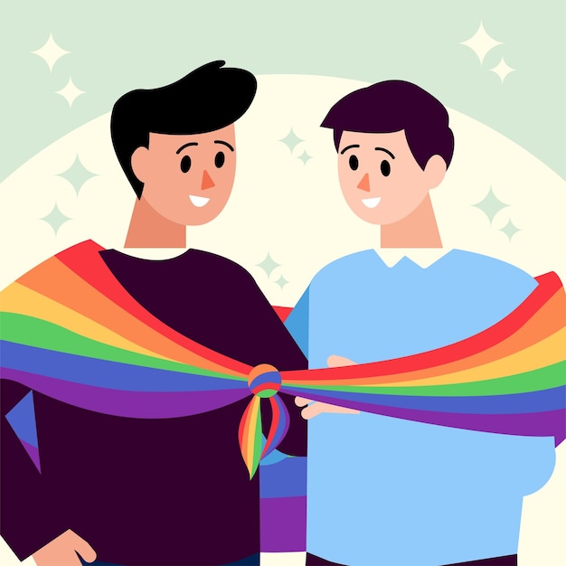 Dos hombres sosteniendo la bandera del arco iris Arte vectorial del orgullo LGBT